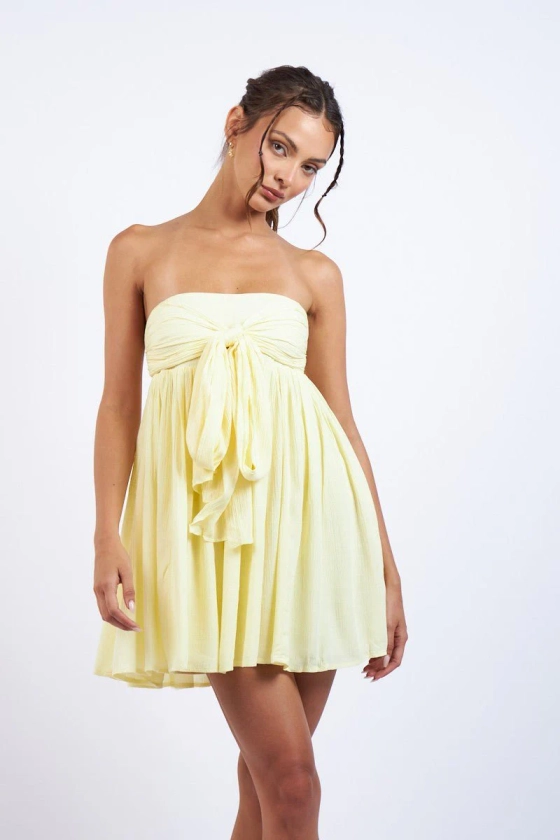 Yellow Strapless Tie Front Babydoll Mini Dress | Boho Pink