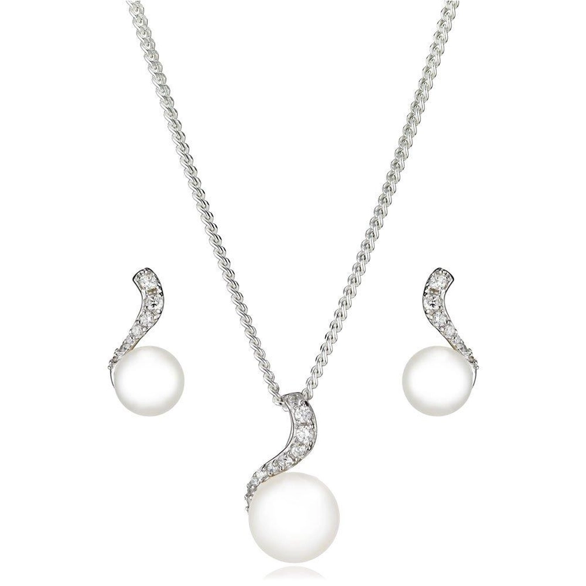 Beaverbrooks Silver Cubic Zirconia Freshwater Cultured Pearl Pendant and Earrings Set