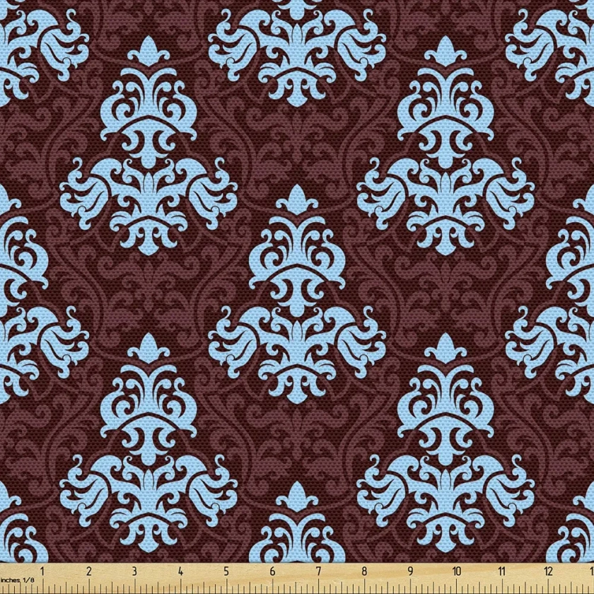 Ambesonne Brown and Blue Fabric by The Yard, Victorian Antique Foliage Motifs with Baroque Curlicues Renaissance Pattern, Decorative Fabric for Upholstery and Home Accents, 1 Yard, Brown Blue