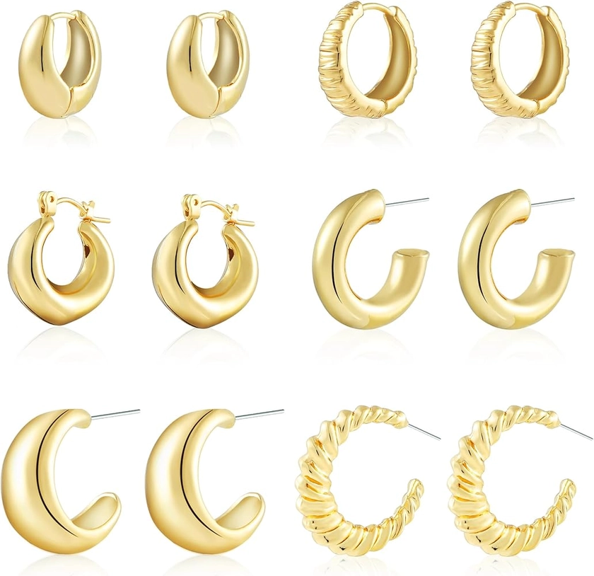 6 Pairs Gold Hoop Earrings for Women, 14K Gold Plated Lightweight Chunky Hoop Earrings Set Hypoallergenic, Thick Open Huggie Hoops Earrings Jewelry for Gifts.