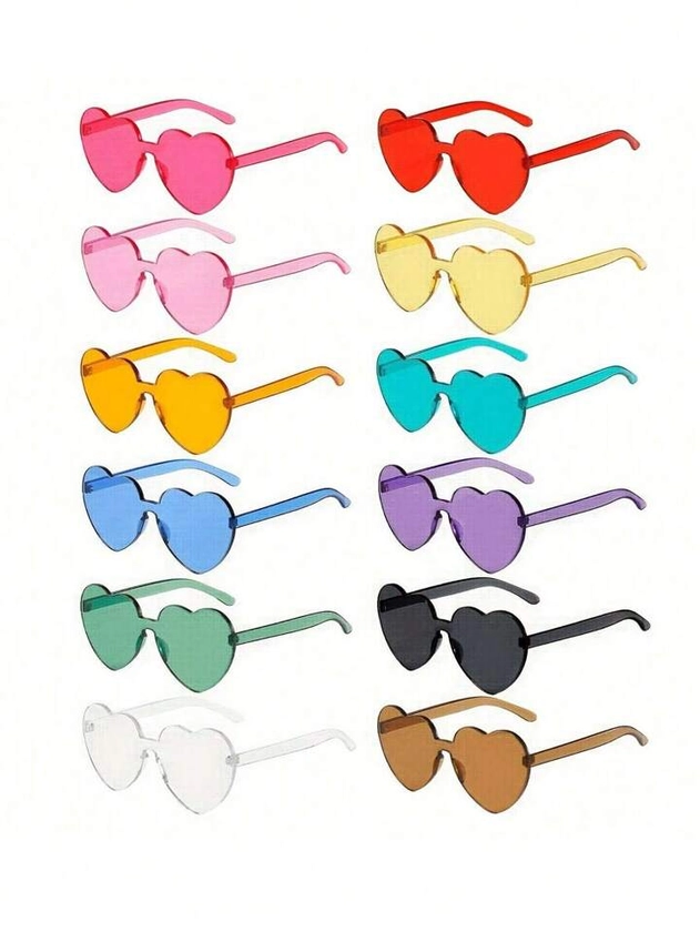 12-Pack Heart Shaped Rimless Sunclasses - Vibrant Candy Colors - Unisex Summer Fashion Wear For Parties, Outdoor Fun, And Cosplay, Creative Small Gifts, Party Accessories, Cool Stuff