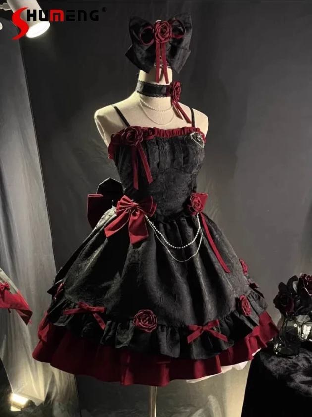 Vestido gótico oscuro de Halloween Lolita Jsk sin mangas con lazo de flores en 3D, cadena de cintura alta, corte en A, Vestido corto de princesa dulce y fresco para mujer - AliExpress