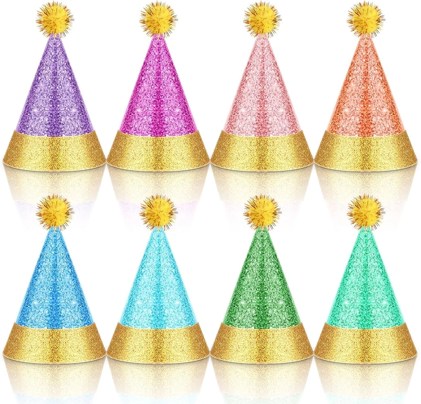 40 Pcs Mini Party Hats with Pompoms, Glitter Stuffed Animals Birthday Party Hats Small Paper Cone Hats for Kids Stuffed Animals Pets Dogs Cats Birthday Party Accessories