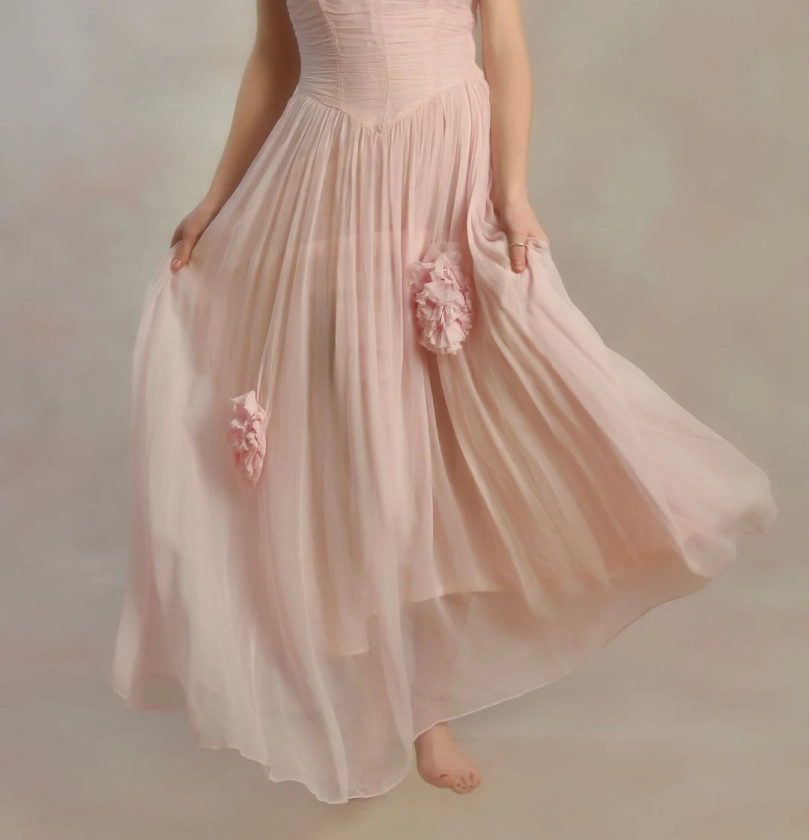 Vintage 30s Gown, 1930s Dress, Pink Chiffon Dress, Dreamy Romantic Fairytale Dress Gown, XS
