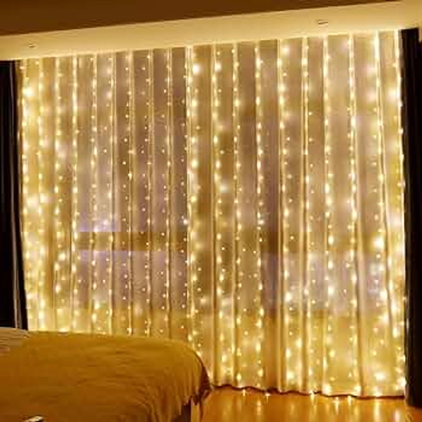 HXWEIYE 2 Pack Warm White 300LED Curtain Fairy Lights, 9.8x9.8Ft Led String Light with Rotating Clips & 12 Hooks, Timer & 8 Modes USB Plug-in DIY Decorative Light for Bedroom Indoor Outdoor Wedding