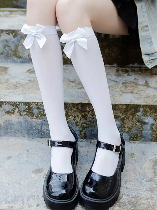 Simple Bowknot Design Nylon Over Knee High Socks