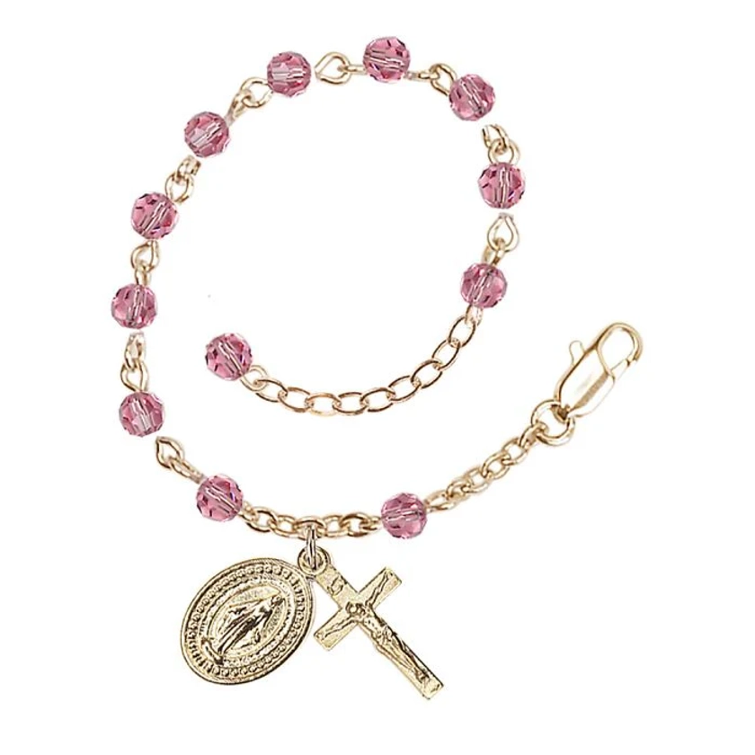 Pink Crystal Adjustable Rosary Bracelet Gold Plate