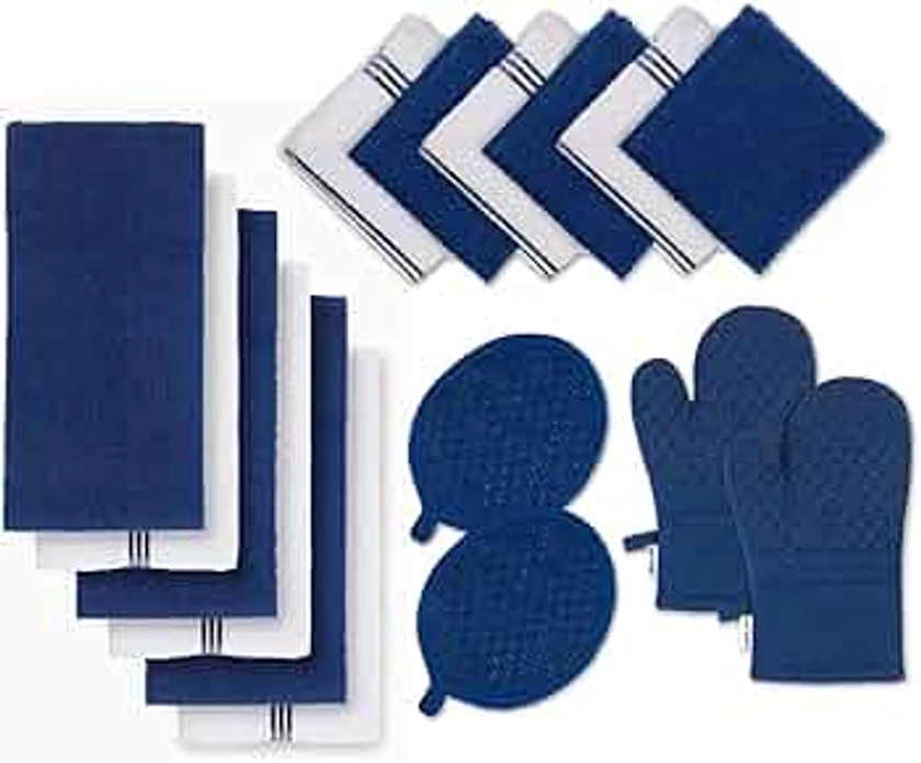 Lane Linen Tea Towels for Kitchen - 16 Pc Kitchen Towel Set with Silicone Oven Mitts and Pot Holders Sets, Cotton Kitchen Towels, Absorbent Dish Towels, Hand Towels for Kitchen - Indigo