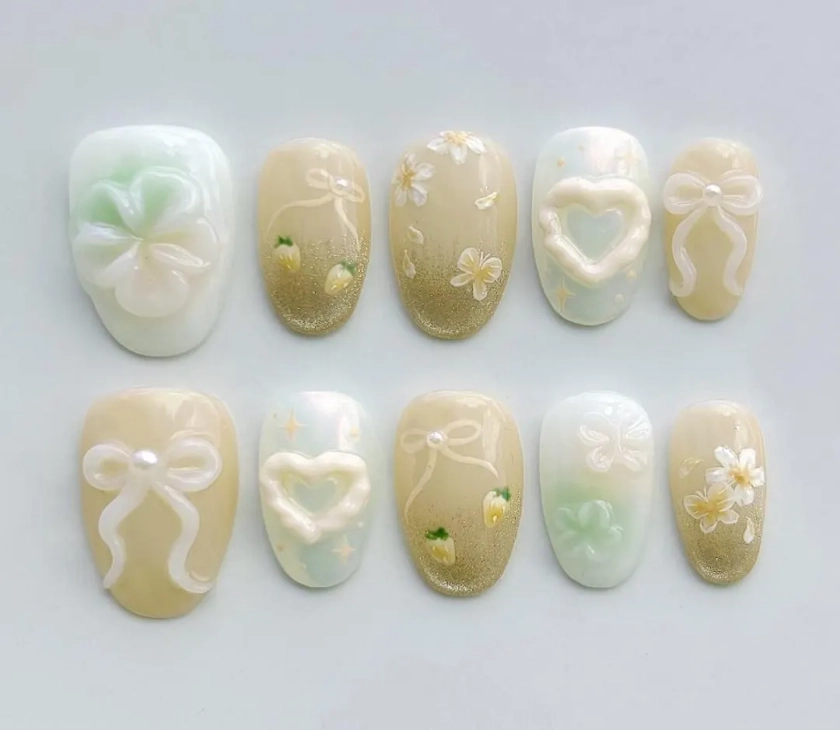 Autumns Style Bow Flower 3D Press-on Nails, Luxurious Trending Y2k Press On Nails, Party Christmas Nails Design Art, Custom Nails