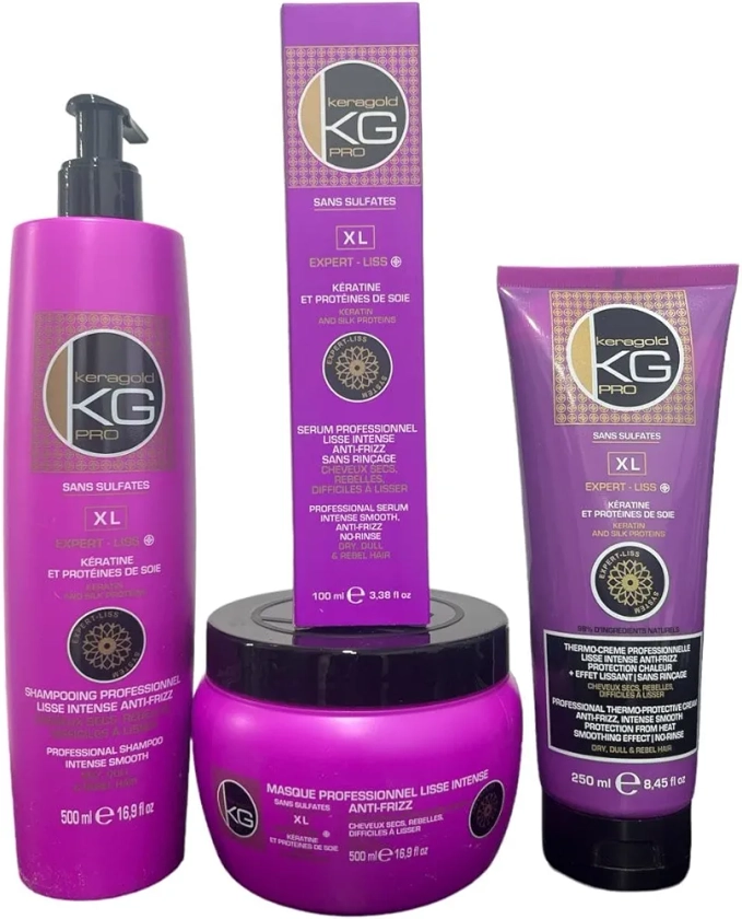 KERAGOLD PRO - Pack Ultime Expert Liss XL - Sans Sulfates à La Keratine & Protéine de soie shampoing 500ml + masque 500ml + sérum 100ml + soin sans rincage aleatoire)