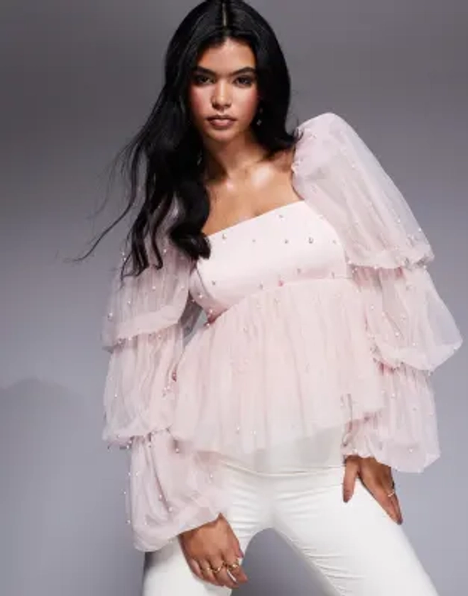 ASOS LUXE - Top smocké en tulle orné de perles - Rose | ASOS