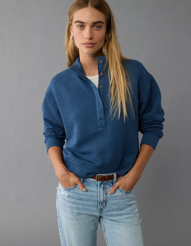 AE Cropped Henley Fleece Sweatshirt