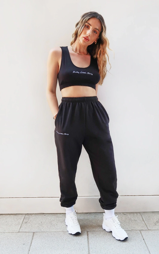 PRETTYLITTLETHING Black Embroidered Cuffed High Waist Sweatpants