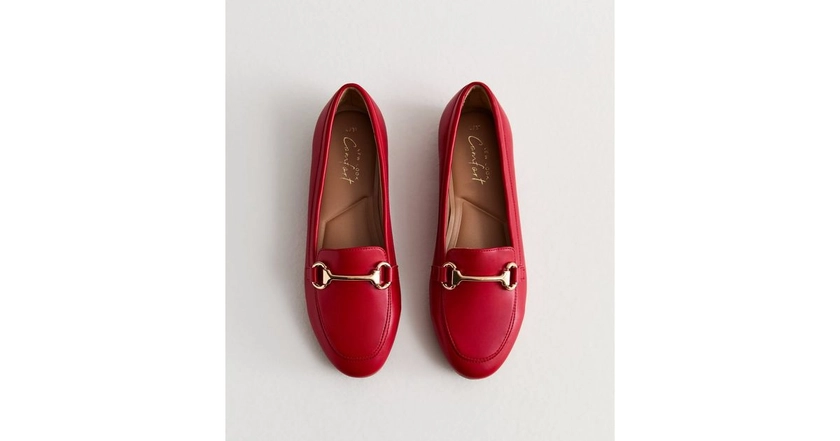 Red Leather-Look Snaffle Trim Loafers | New Look