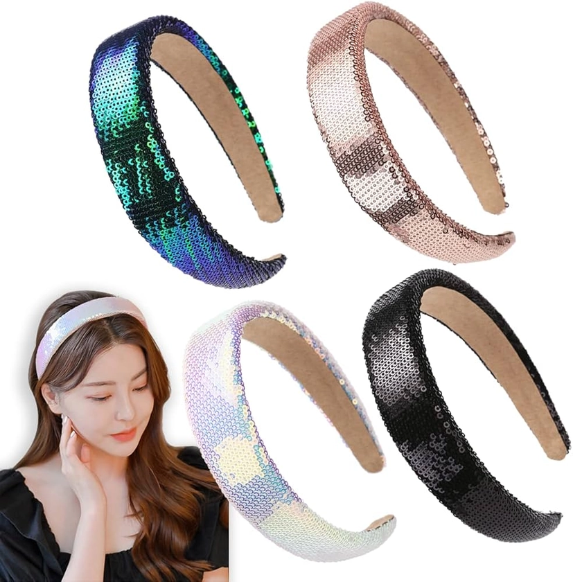 LONEEDY 4 PCS Glitter Beaded Sequins Sparkly 1.3-Inch Wide Hard Headbands for Girls and Women, Cute Hair Bands (Sequins(Black+white+blue+gold)) : Amazon.co.uk: Fashion