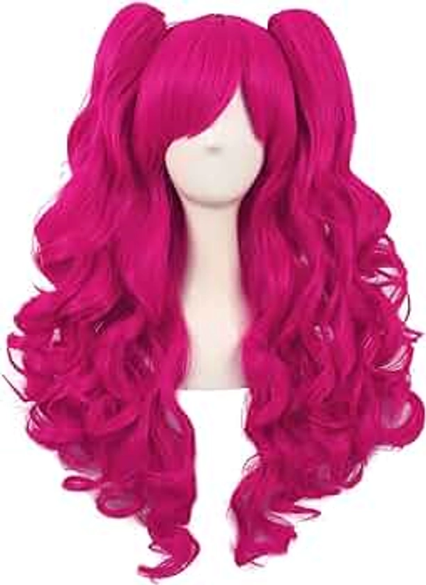 MapofBeauty 28 Inch/70 cm Lolita Long Curly 2 Ponytails Clip on Cosplay Wig (Hot Pink)