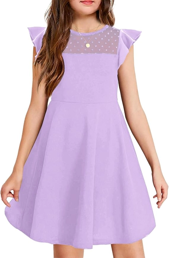 Arshiner Girls Dress Summer Ruffle Sleeve Mesh A Line Casual Party Dresses with Pockets 6-13 Years