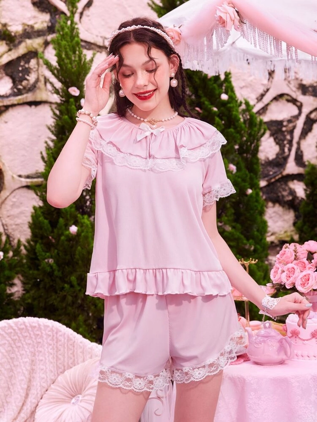 Kawaii Contrast Lace Ruffle Hem Pajama Set