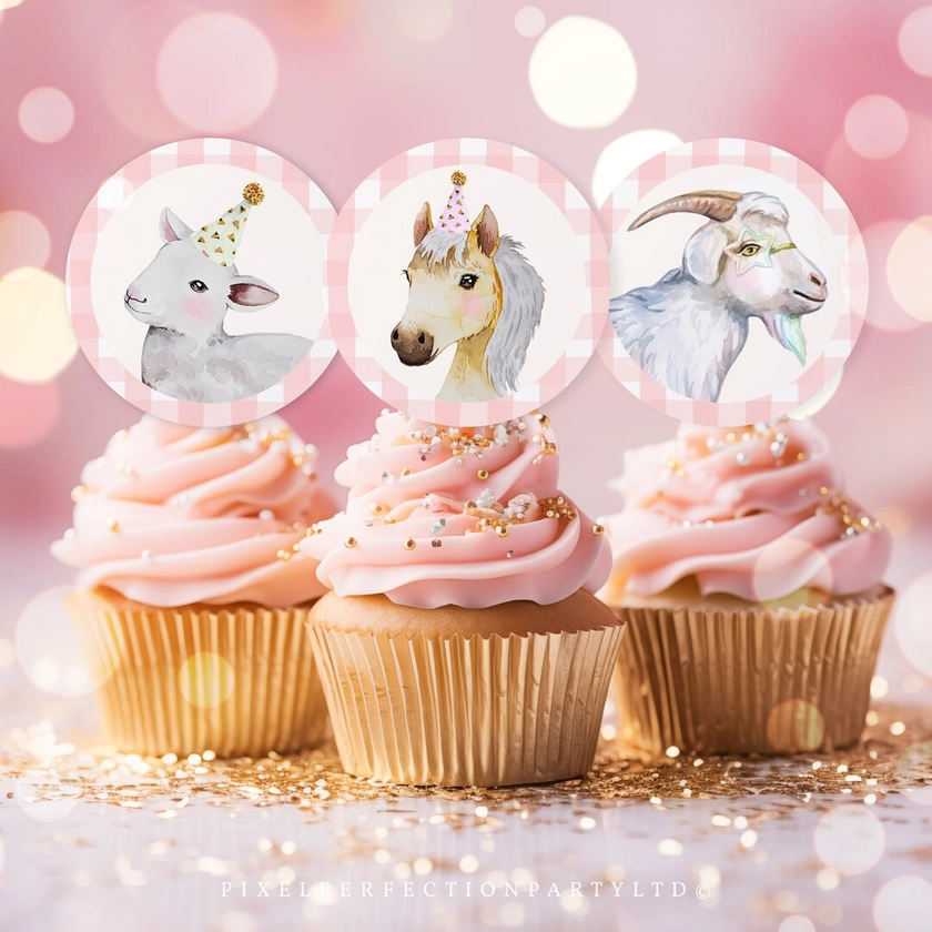 Décoration pour cupcakes, fête d'anniversaire des animaux de la ferme, fille rose, animaux de la basse-cour de la ferme, fête d'anniversaire des animaux, décoration d'anniversaire, téléchargement immédiat HYS