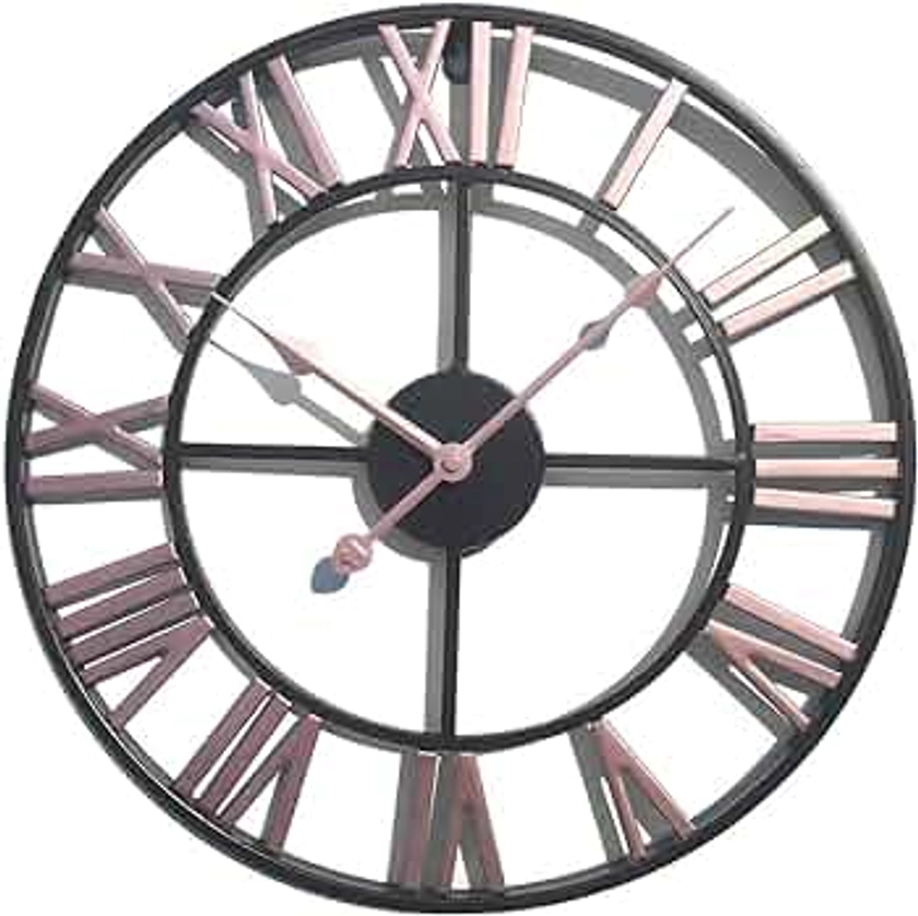 YAKOK 40CM Metal Silent Large Wall Clock Roman Numerals Vintage Iron Wall Clocks Design Clock for Living Room, Kitchen, Bedroom, Office (Pink)