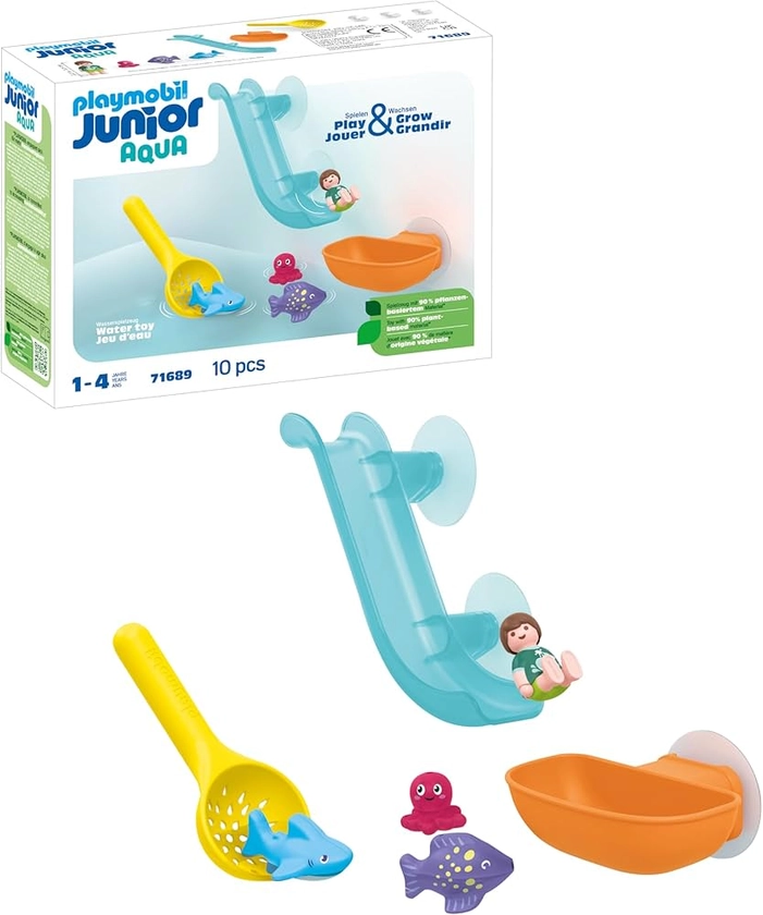 Playmobil 71689 Junior Aqua : Grand Toboggan Aquatique et Animaux Marins - incluant Un bébé Requin, des Poissons et Une Pieuvre - Jouet fabriqué à partir de matière d'origine végétale - Dès 12 Mois