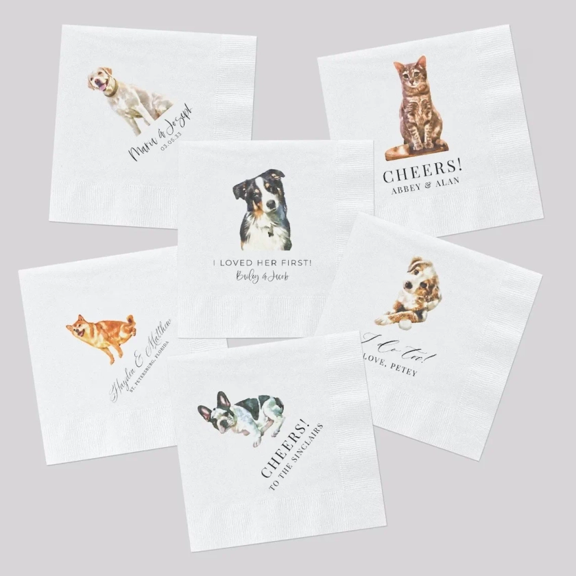 Tovaglioli da Cocktail personalizzati per animali domestici a colori, tovaglioli da sposa personalizzati, tovaglioli da Cocktail per cani da sposa, coppia monogramma Wedd