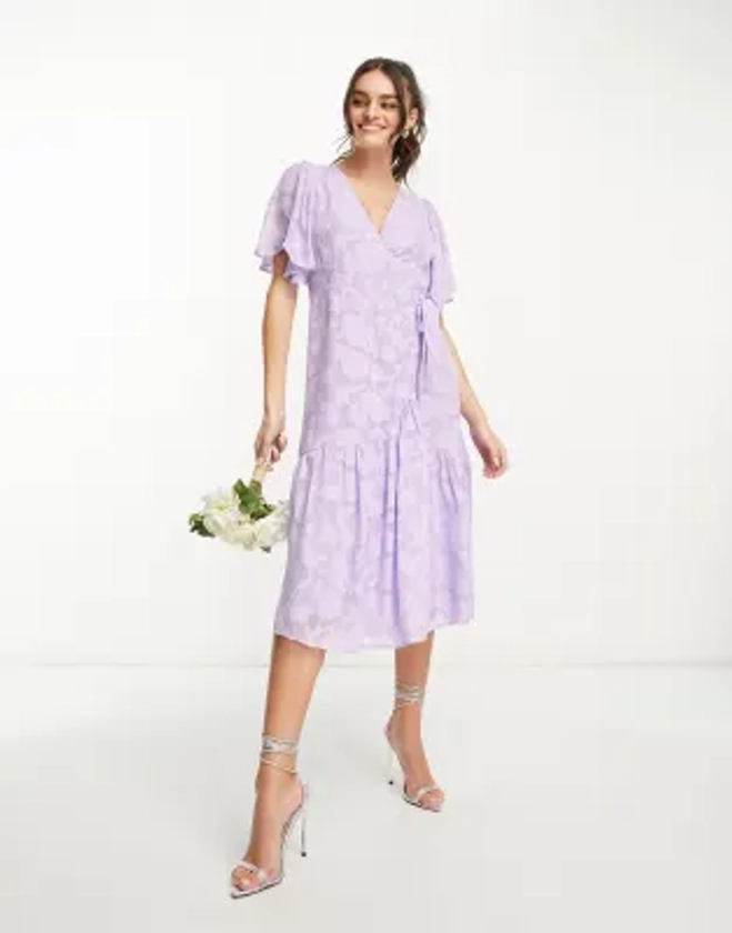 Y.A.S Bridesmaid textured wrap midi dress in lilac | ASOS