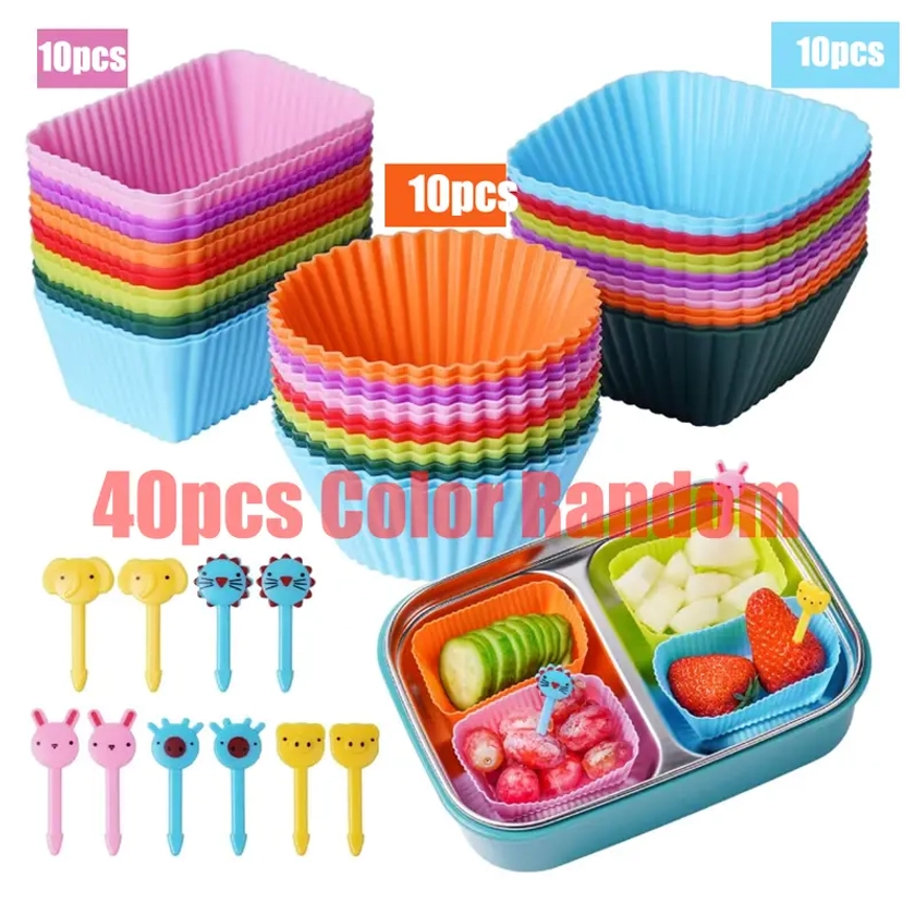 40pcs/set Silicone Muffin Cup With Food Paddles And Lunch Accessories, Crisper, Durable, Reusable, BPA Free, Can Be Stored In The Refrigerator And Dis