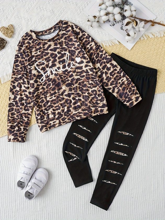 2pcs Girls Trendy Outfits Leopard Print Pullover + Pants Set Kids Clothes Fall Gift