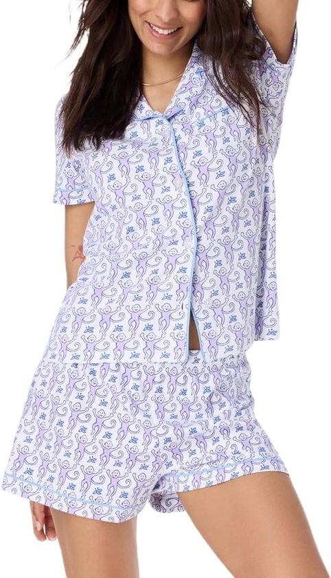 Yiulangde Womens Rabbit Monkey Print 2 Piece Pajamas Y2k Preppy Short Sleeve Shirt Shorts Two Piece Pjs Outfits Lounge Sets