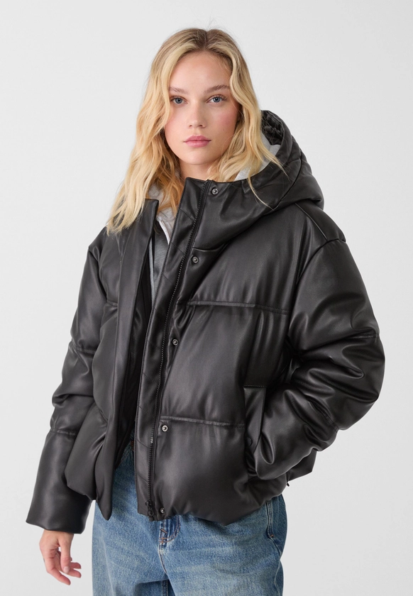 Leather effect puffer jacket - Women's fashion | Stradivarius United Kingdom