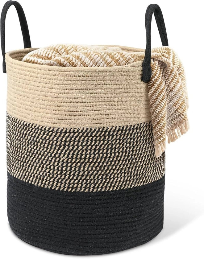 HDRNT Panier à linge tressé en coton - 45 l - Avec anse - Panier à linge tressé - Panier de rangement pour chambre d'enfant, salle de bain - 35 x 40 cm - Beige et noir