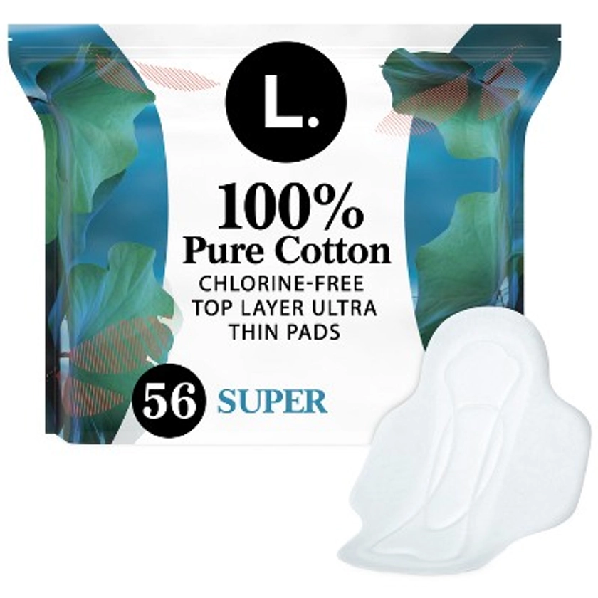 L . Pure Cotton Chlorine Free Top Layer Ultra Thin Super With Wings Unscented Absorbency Pads - 56ct