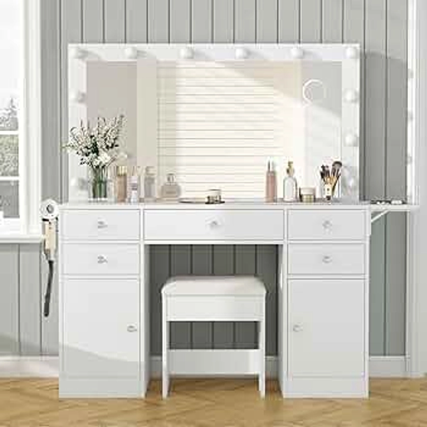 Vanity Desk with Power Outlet, Makeup Vanity with Mirror and Lights, 3 Lighting Modes, Vanity with 5 Drawers and 2 Cabinets, Vanity Table with Chair for Bedroom