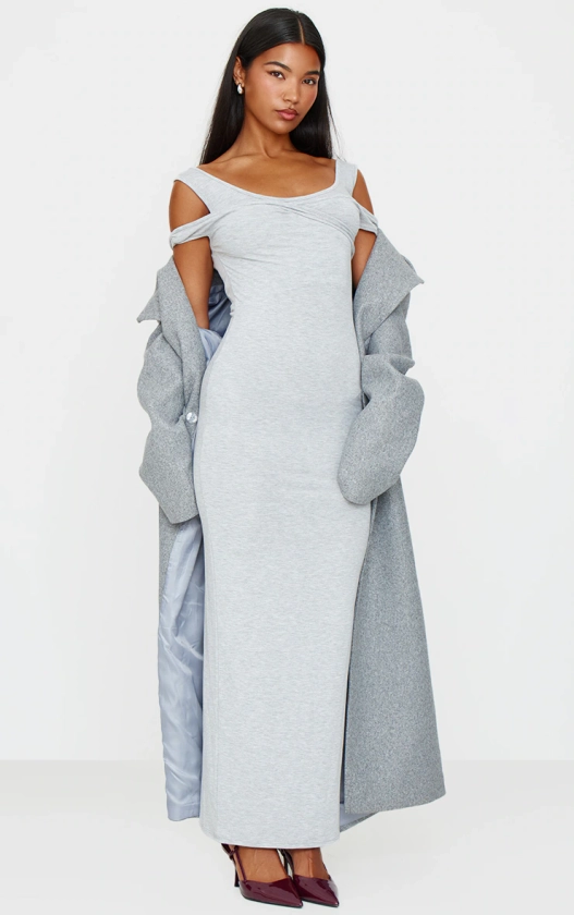 Grey Marl Ribbed Twisted Maxi Dress