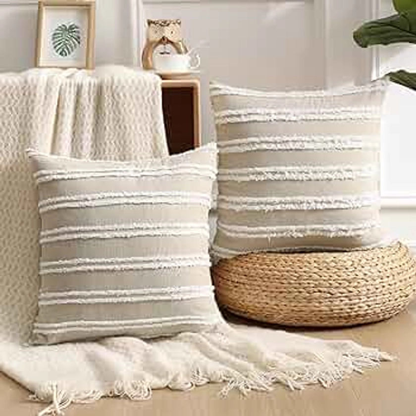 Pallene Boho Decorative Throw Pillow Covers, Neutral Striped Pillow Covers 18X18 Set of 2, Khaki Cotton Linen Pillow Covers for Couch Sofa Living Room.