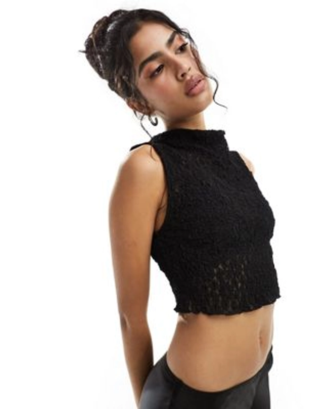 Bershka high neck lace top in black | ASOS