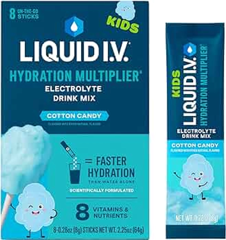 Liquid I.V.® Hydration Multiplier® +Kids - Cotton Candy - Hydration Powder Packets | Electrolyte Powder Drink Mix | Convenient Single-Serving Sticks | Non-GMO |1 Pack (16 Servings)