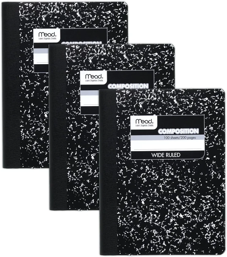 Mead Composition Notebooks, 3 Pack, Wide Ruled Paper, 9-3/4" x 7-1/2", 100 Sheets per Comp Book, Black Marble (38301)