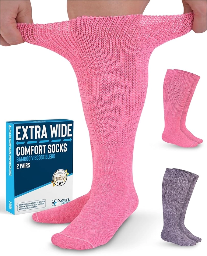 Doctor's Select 2 Pairs Extra Wide Socks for Swollen Feet - Bamboo Viscose Lymphedema Socks | Diabetic Bariatric Socks