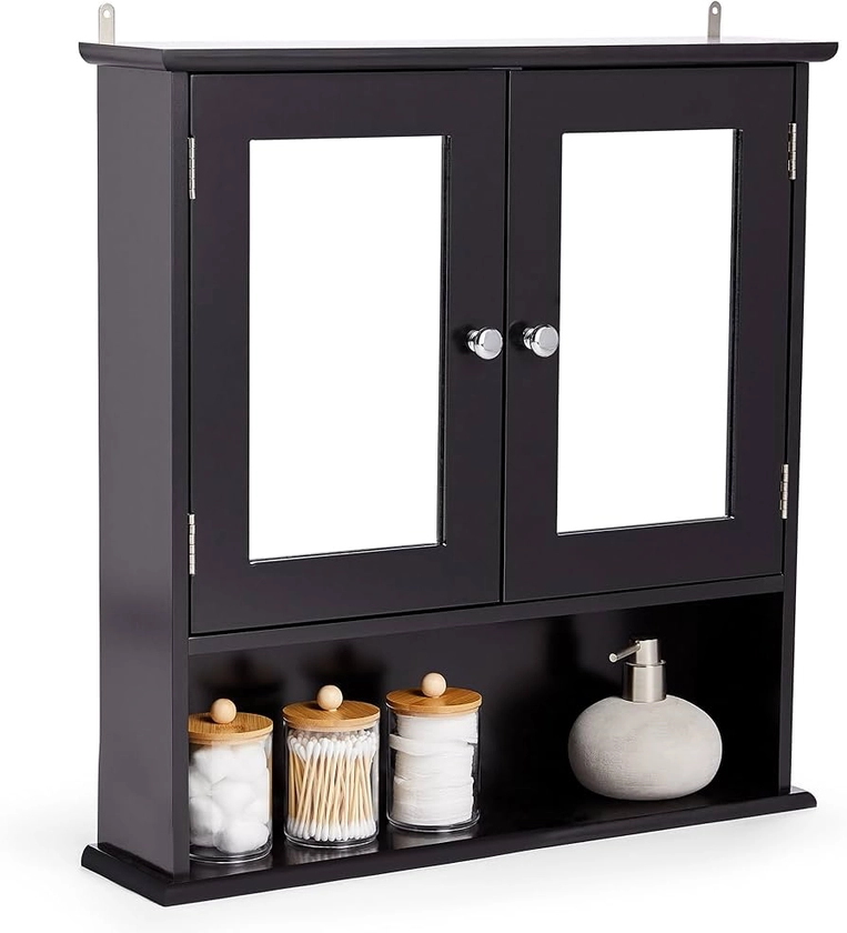 VonHaus Bathroom Mirror Cabinet – Black Bathroom Wall Cabinet with Storage - 2 Door Bathroom Cabinet with Mirror, 3 Internal Shelves & 1 Open Shelf - for Toiletries & Medicine - Shrewsbury