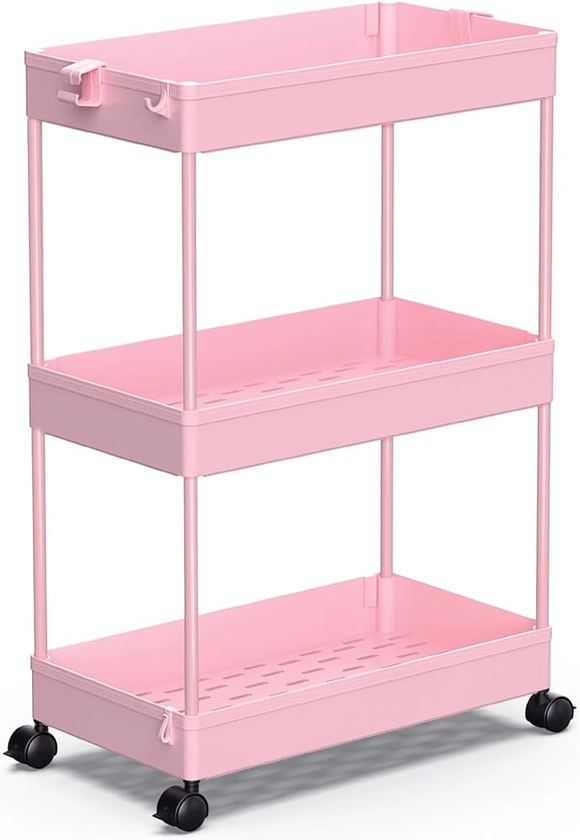 SPACEKEEPER Rolling Storage Cart 3 Tier, Bathroom Cart Organizer Laundry Room Organizer Utility Cart Mobile Shelving Unit Multi-Functional Shelves for Office, Kitchen, Bathroom, Pink