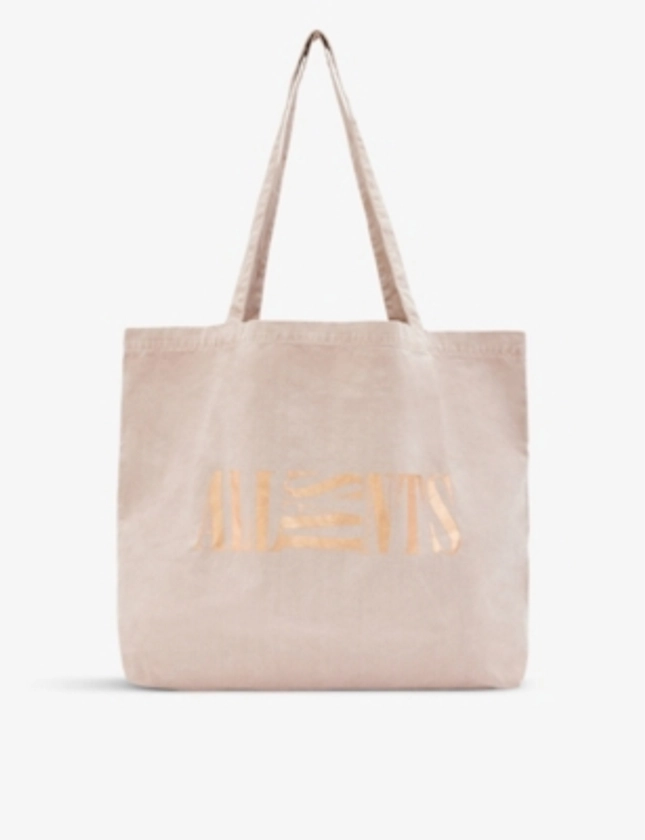 ALLSAINTS Oppose metallic logo-print cotton-canvas tote bag