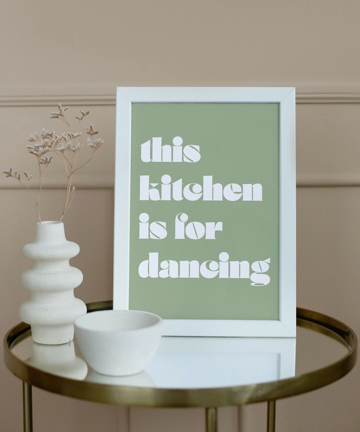 this kitchen is for dancing sign, dance art, aesthetic kitchen decor, printable wall art minimalist typography print, sage green