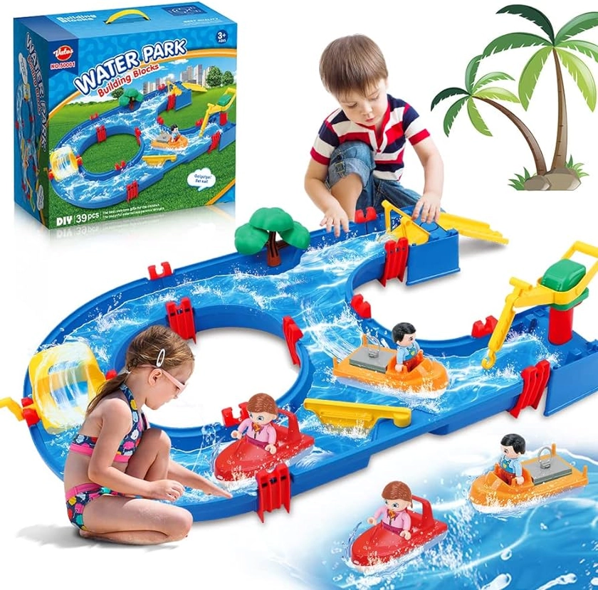 VATOS Water Toy for Kids,39pcs DIY Mini Water Park Building Blocks Toy on Table or Lawn,Beach, Waterway Playset with 2 boats, for Kids in Summer Outdoor Backyard