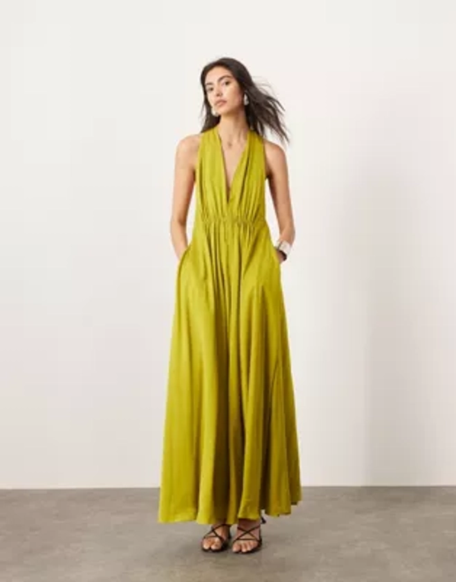 ASOS EDITION satin halter maxi dress with pockets ruched detail in chartreuse | ASOS