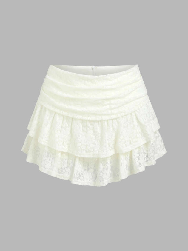 Western Outfits Knit Fabric Ruched Floral Lace Knit Layered Mini Skort For Daily Casual