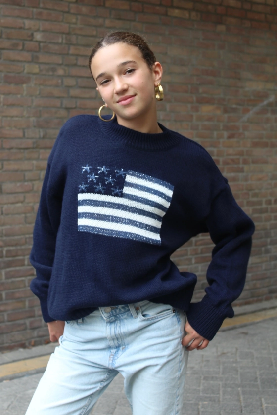 USA sweater glitter - navy - Fashiontiger.nl