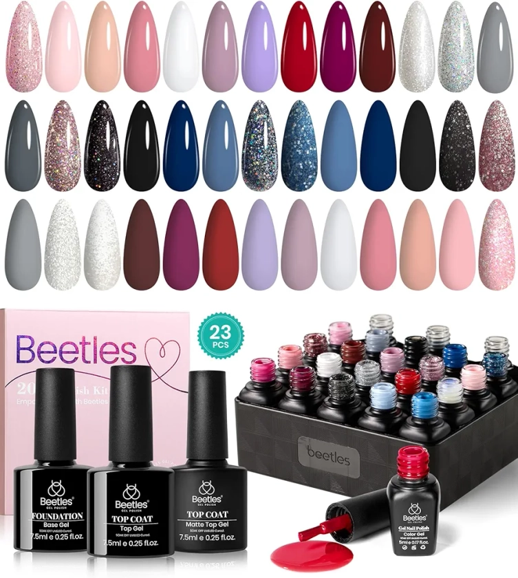 Beetles 20 Pcs Gel Nail Polish Kit, Modern Muse Collection Soak off Nail Gel Polish Nude Gray Nail Polish Pink Blue Glitter Gel Polish Starter Kit with Glossy & Matte Top Coat and Base Coat Christmas