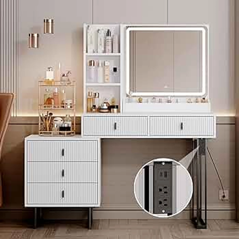 Large Vanity Desk with 3 Color Touch Screen Dimming Mirror, Vanity Desk with Charging Station, Modern Retractable Makeup Dressing Table, Vanity Table With storage shelves and 5 Sliding Drawers, Cream